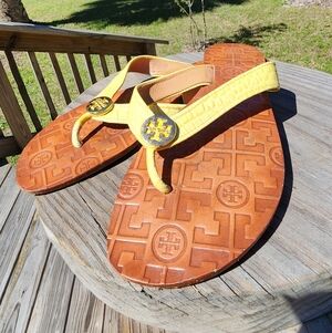 Tory Burch Yellow Leather Logo Flip Flops